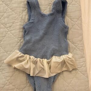 Hunza G Baby Blue Textured Swimsuit with Cream Ruffle